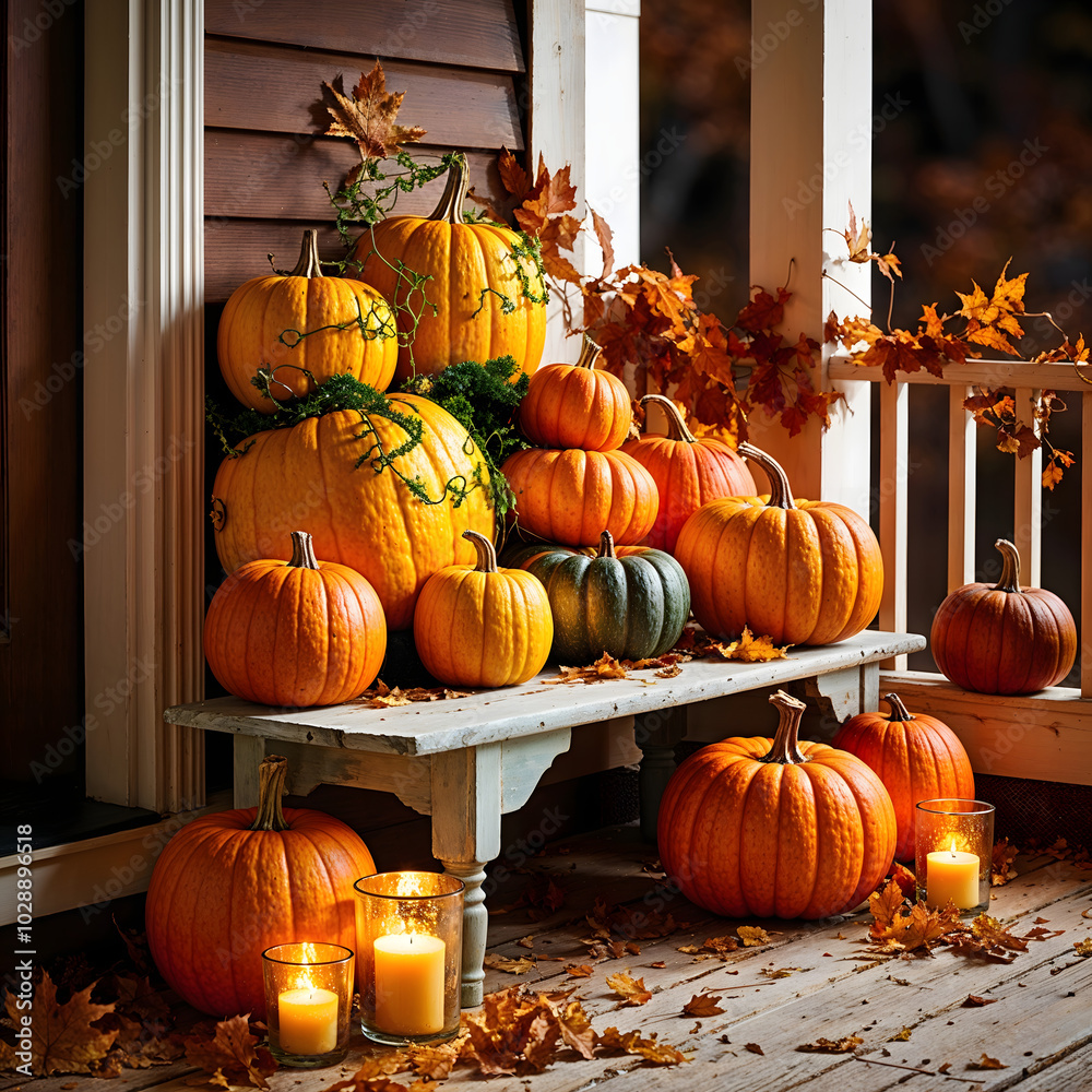 Obraz premium Cozy Halloween porch decorated with glowing jack-o-lanterns, candles, and autumn leaves. Pumpkins, lanterns, and rustic wooden steps create a festive fall atmosphere perfect for spooky seasonal decor.