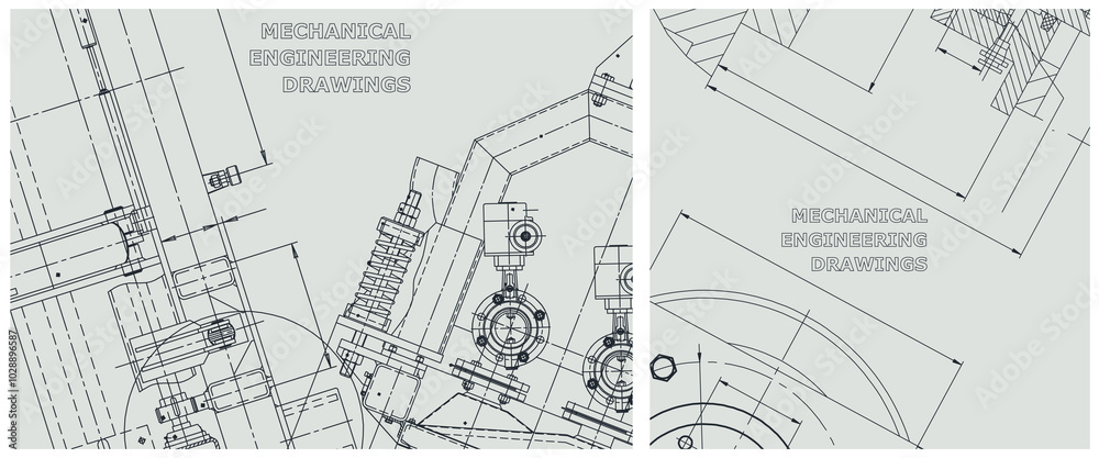 Fototapeta premium Blueprint illustration set. Engine line drawing