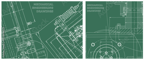 Blueprint illustration set. Engine line drawing