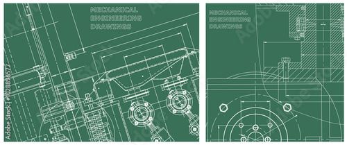 Blueprint illustration set. Engine line drawing
