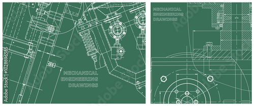 Blueprint illustration set. Engine line drawing