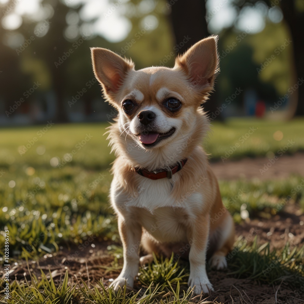A small brown and white chihuahua dog sits on a grassy path, looking up at the camera with its tongue sticking out.