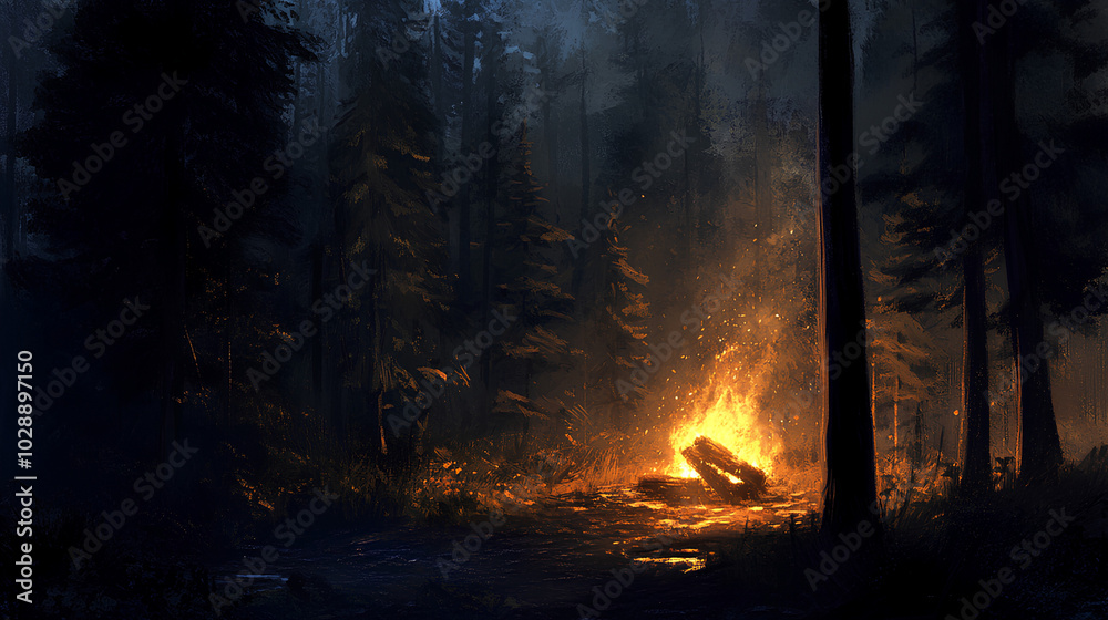 Obraz premium A fiery campfire illuminates a dark forest scene at night.
