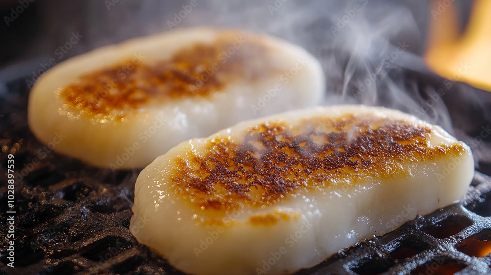Close-up of Grilled Mochi with a Crispy Golden Crust Close-up of Grilled Mochi with a Crispy Golden Crust