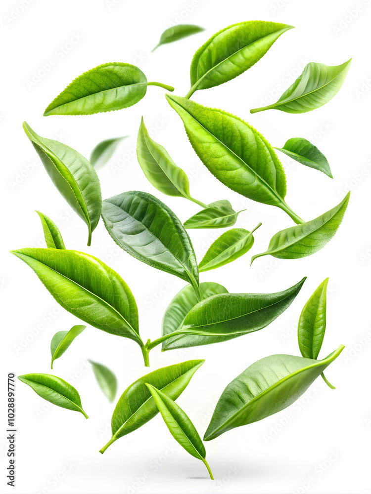 Green tea leaves. isolated on a white background, Clipping path Green tea leaves. isolated on a white background, Clipping path