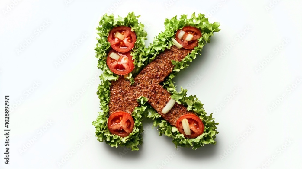 letter K formed using hamburger elements such as crisp lettuce juicy tomato slices and tasty beef patty all set on pristine white background. letter K formed using hamburger elements such as crisp lettuce juicy tomato slices and tasty beef patty all set on pristine white background.