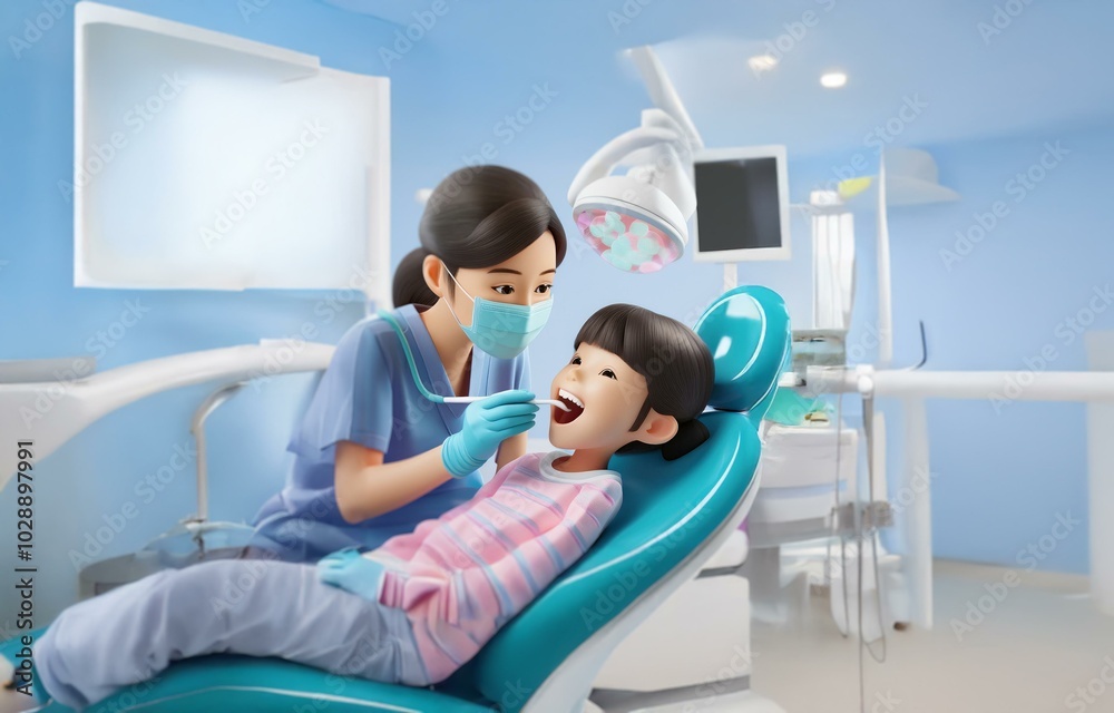 A female dentist in a blue uniform and a face mask examines a young girl's teeth in a bright, modern dental office. A female dentist in a blue uniform and a face mask examines a young girl's teeth in a bright, modern dental office.