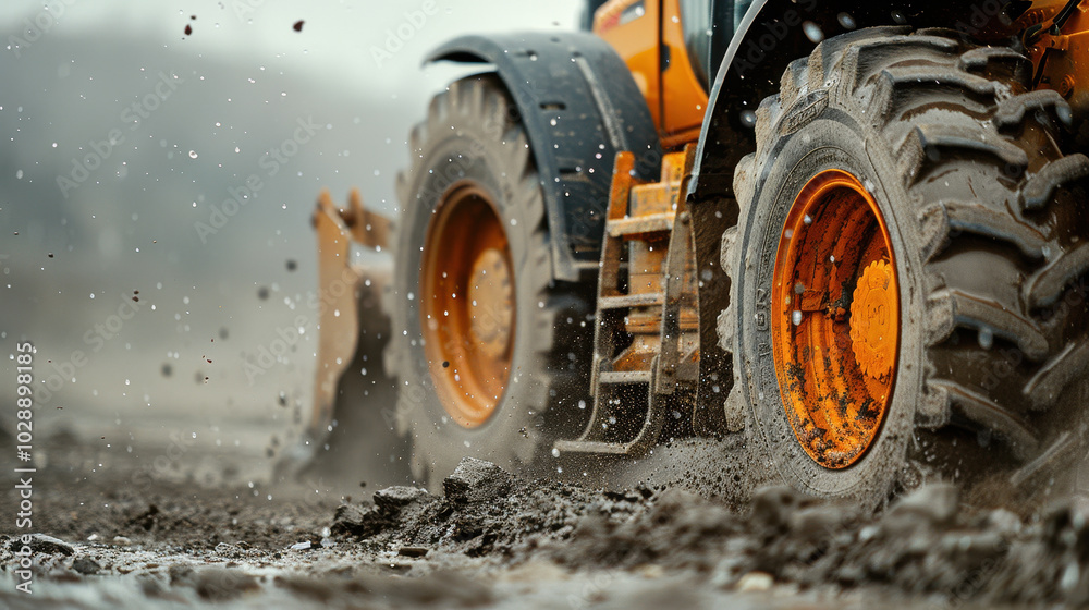 Closeup of road grader leveling muddy surface, showcasing powerful tires and splashes of dirt and water. image captures essence of heavy machinery in action Closeup of road grader leveling muddy surface, showcasing powerful tires and splashes of dirt and water. image captures essence of heavy machinery in action