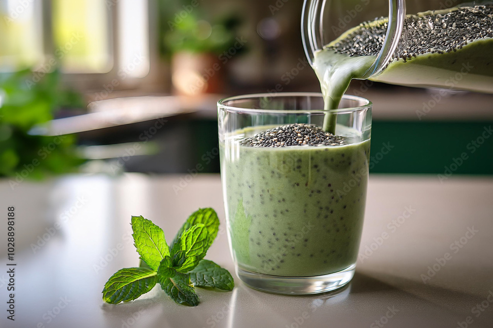 Grüner Smoothie wird in ein Glas gefüllt