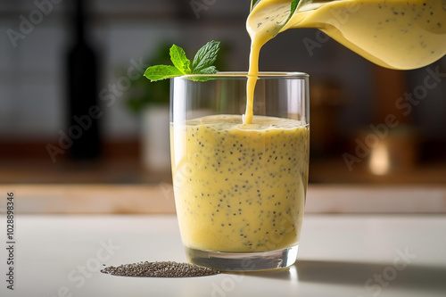 Obraz na płótnie Gelber Smoothie wird in ein Glas gefüllt w salonie