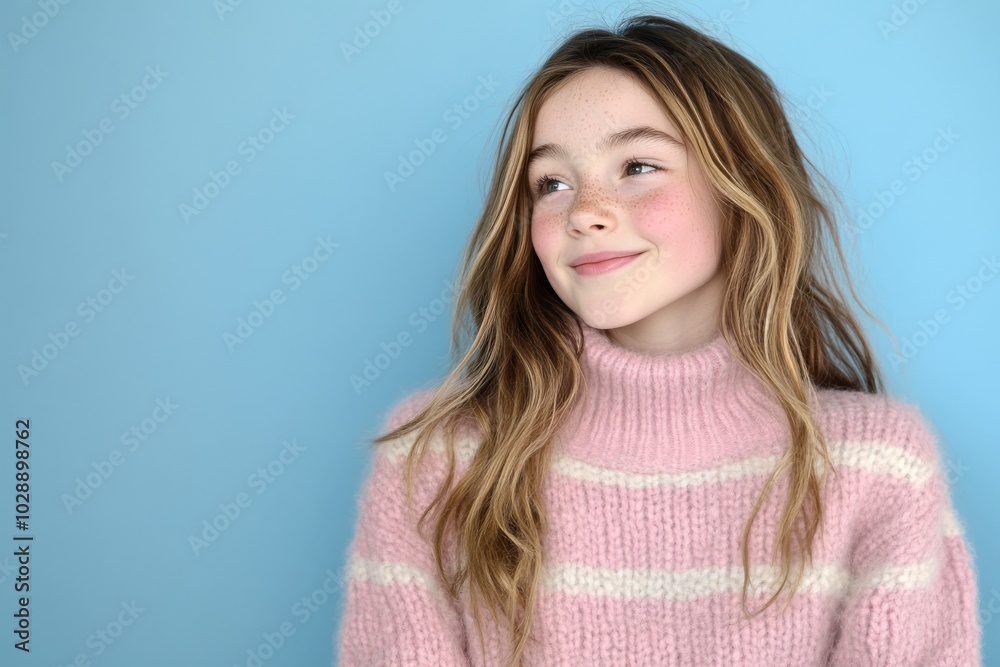 This adorable portrait of a satisfied individual with a toothy smile looks interested in an empty space isolated on a blue background displays a sweet smile This adorable portrait of a satisfied individual with a toothy smile looks interested in an empty space isolated on a blue background displays a sweet smile