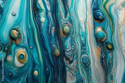 Abstract Swirls of Blue, Green, and Gold Paint