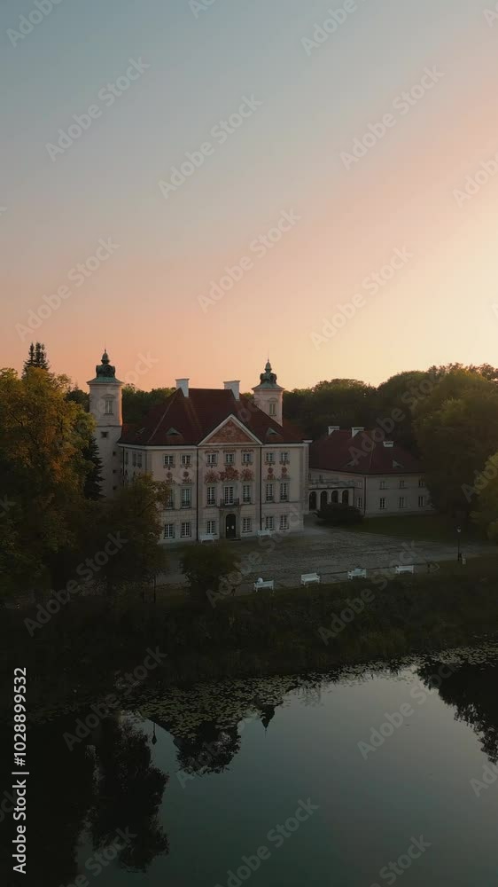 Palace at Otwock Wielk, Poland. Bielińscy Family palace. Aerial photography of the palace on the lake shore. Palace at Otwock Wielk, Poland. Bielińscy Family palace. Aerial photography of the palace on the lake shore.