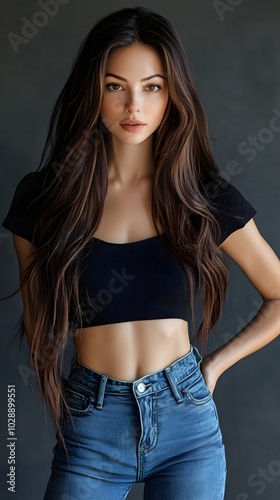 A beautiful woman in jeans, a black top, and long brown hair. She has a slim waist and a perfect body shape