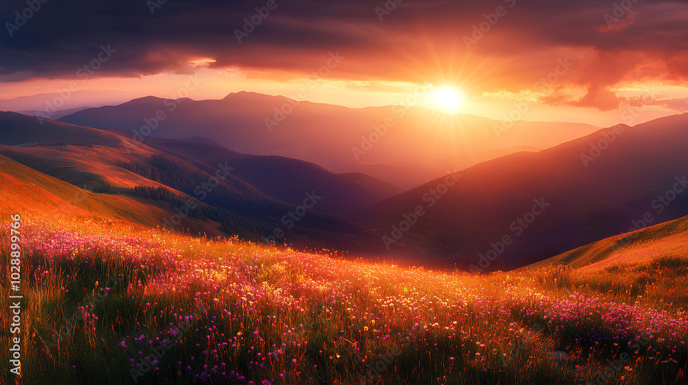 Obraz premium A breathtaking sunset over a mountain range with a foreground of wildflowers in bloom.