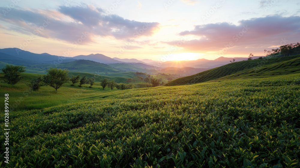 Fototapeta premium serene landscape of rolling tea hills at sunset, showcasing vibrant greenery and distant mountains