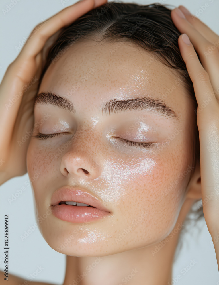 Woman with a fresh, glowing face. model with her eyes closed, hands placed on top and side of her head for emphasis, showing clean skin without makeup. Woman with a fresh, glowing face. model with her eyes closed, hands placed on top and side of her head for emphasis, showing clean skin without makeup.