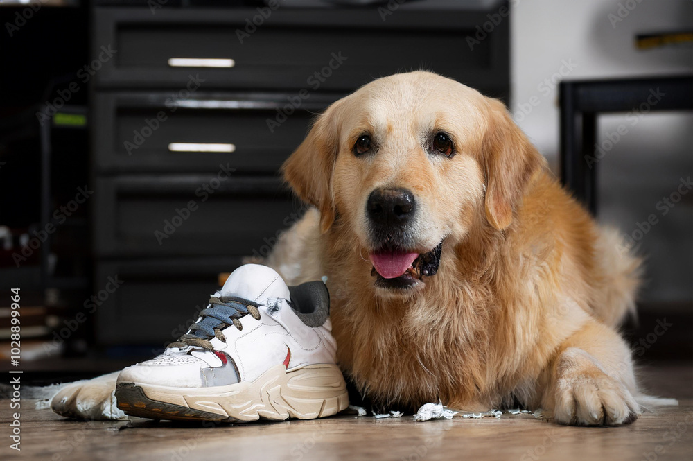 Hund mit einem von ihn angefressenen Schuh