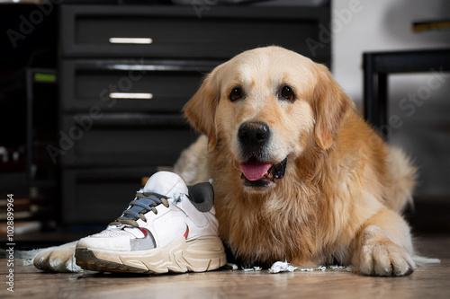 Obraz na płótnie Hund mit einem von ihn angefressenen Schuh w salonie