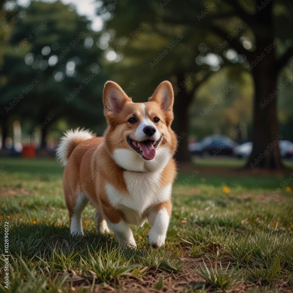 A happy corgi dog with a white chest and a fluffy tail is walking on a green grassy field in a park with trees in the background.