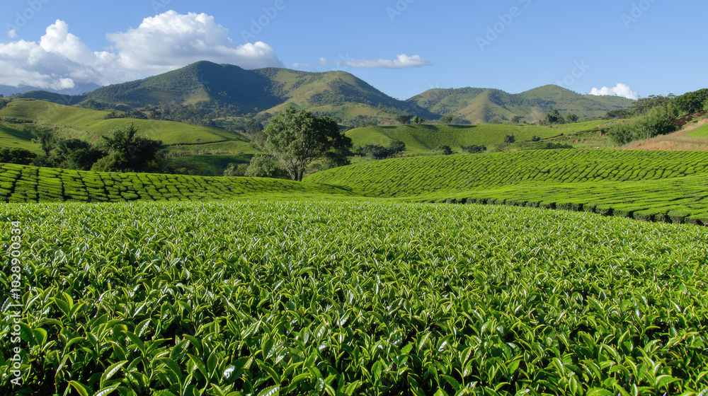 Lush green tea fields stretch across rolling hills under clear blue sky Lush green tea fields stretch across rolling hills under clear blue sky
