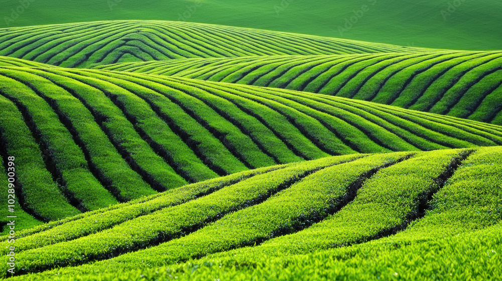 Fototapeta premium Lush green tea fields create serene landscape with rolling hills