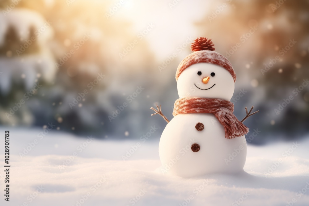 Snowman with Christmas hat and scarf on the snowy background. New Year's banner with space for text. Snowman with Christmas hat and scarf on the snowy background. New Year's banner with space for text.