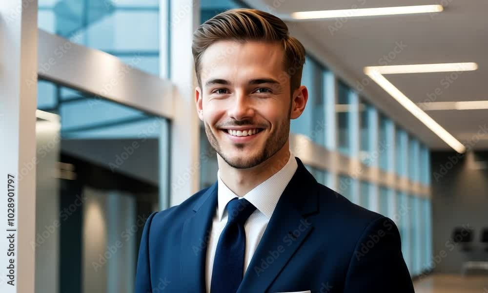 In a sleek, contemporary office, a young professional exudes confidence with a warm smile and sharp attire. The sunlight streams in, highlighting his sophisticated style In a sleek, contemporary office, a young professional exudes confidence with a warm smile and sharp attire. The sunlight streams in, highlighting his sophisticated style