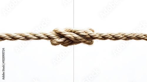 Complex web of interconnected ropes symbolizing intricate business relationships and antitrust challenges, with a focused foreground rope representing the effort to break monopolies. photo