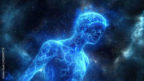 glowing human figure surrounded by blue energy in cosmic background