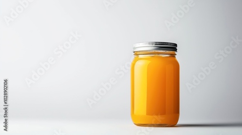 Glass jar filled with bright orange liquid and metal lid on a plain white background