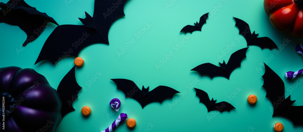Fototapeta premium black bats candies on teal background