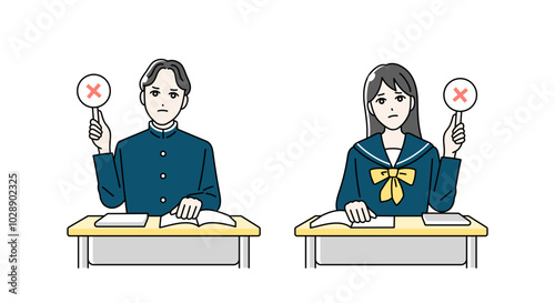まるばつ札をあげる高校生の男女のイラスト