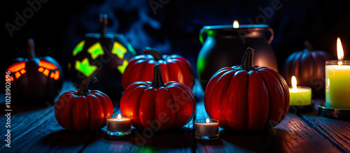 group glowing pumpkins candles create a spooky ambiance. photo