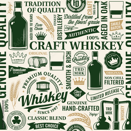 Vector typographic whiskey seamless pattern or background. Whiskey and distilling company icons, branding and identity design elements