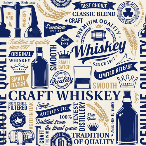 Whiskey seamless pattern or background. Whiskey and distilling company icons, branding and identity design elements