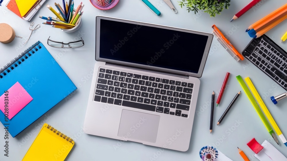At home office, desk with laptop and office materials