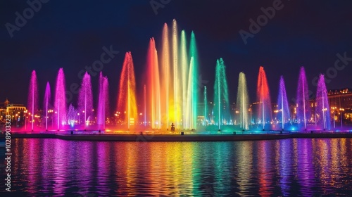 Stunning night fountain show at Tsaritsyno Park with multicolored lights reflecting off the water, creating a spectacular visual feast photo