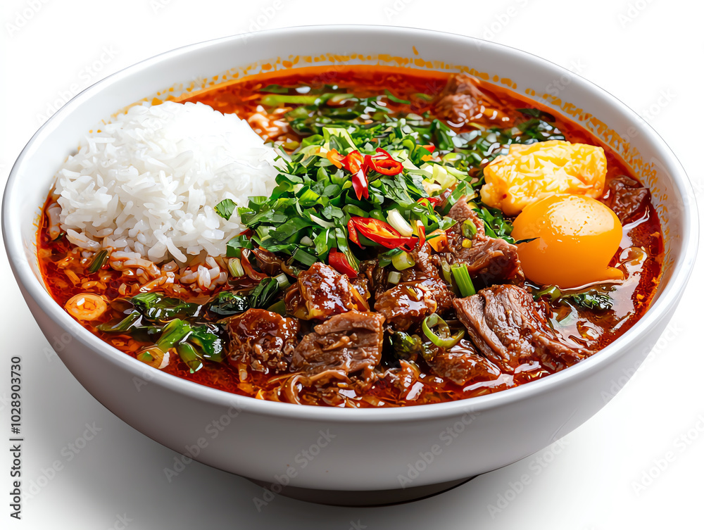Delicious bowl of noodles with beef, egg, and herbs on a white isolate background. Delicious bowl of noodles with beef, egg, and herbs on a white isolate background.