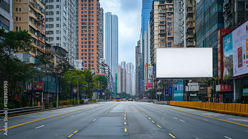 Large blank billboard on a clean, wide city sidewalk with modern high-rise apartments in the background