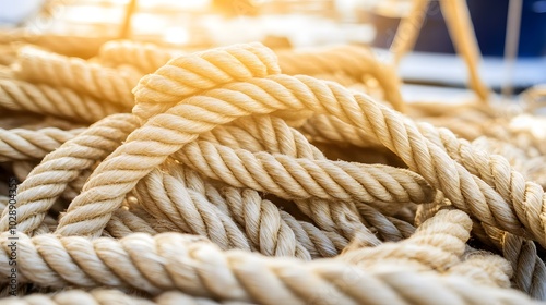 Complex web of interconnected ropes symbolizing intricate business relationships and antitrust challenges, with a focused foreground rope representing the effort to break monopolies. photo