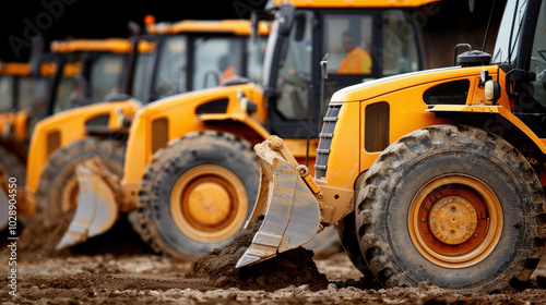 Closeup of earthmovers working on construction site, showcasing their powerful machinery and robust design. scene captures essence of heavy duty work and efficiency