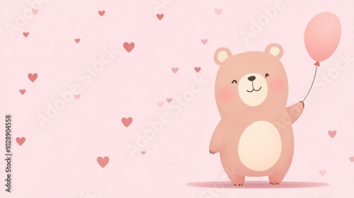 A cute cartoon bear holding a pink balloon with pink hearts scattered across a light pink background.