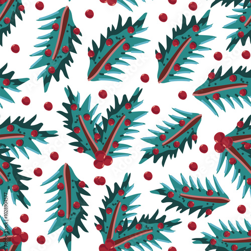 Two Christmas tree branch with red berries vector cartoon seamless pattern on a white background.