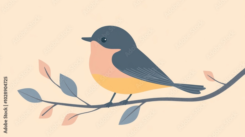 A cute cartoon bird with blue, pink, and yellow plumage perches on a branch with pastel-colored leaves against a light beige background. A cute cartoon bird with blue, pink, and yellow plumage perches on a branch with pastel-colored leaves against a light beige background.
