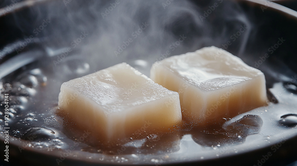 Close-up of two konjac pieces in simmering oden Close-up of two konjac pieces in simmering oden