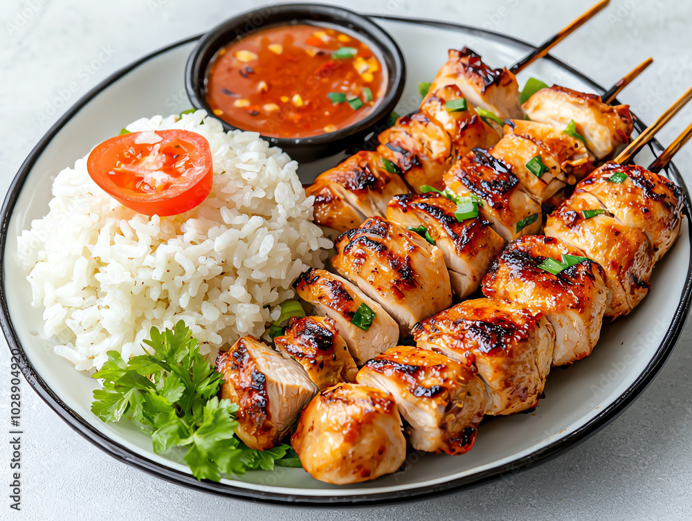 Grilled chicken skewers served with rice and sauce on a plate. Grilled chicken skewers served with rice and sauce on a plate.