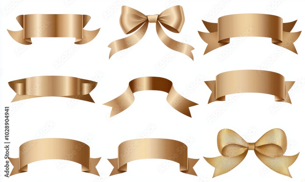 A golden ribbon banner 3D render - a set of glossy gold text boxes for an advertising sign for a sale or discount. A golden ribbon banner 3D render - a set of glossy gold text boxes for an advertising sign for a sale or discount.