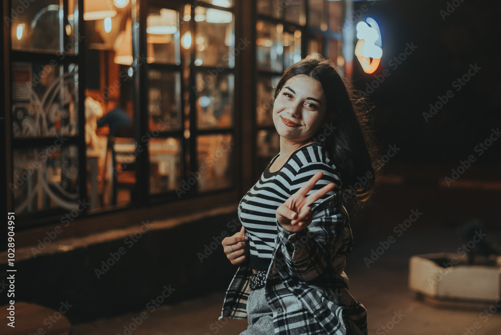 Happy Brunette Posing Near a Cafe at Night Happy Brunette Posing Near a Cafe at Night