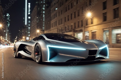 Futuristic cyber car running in a city at night with copy space, super speed, motion blur. photo